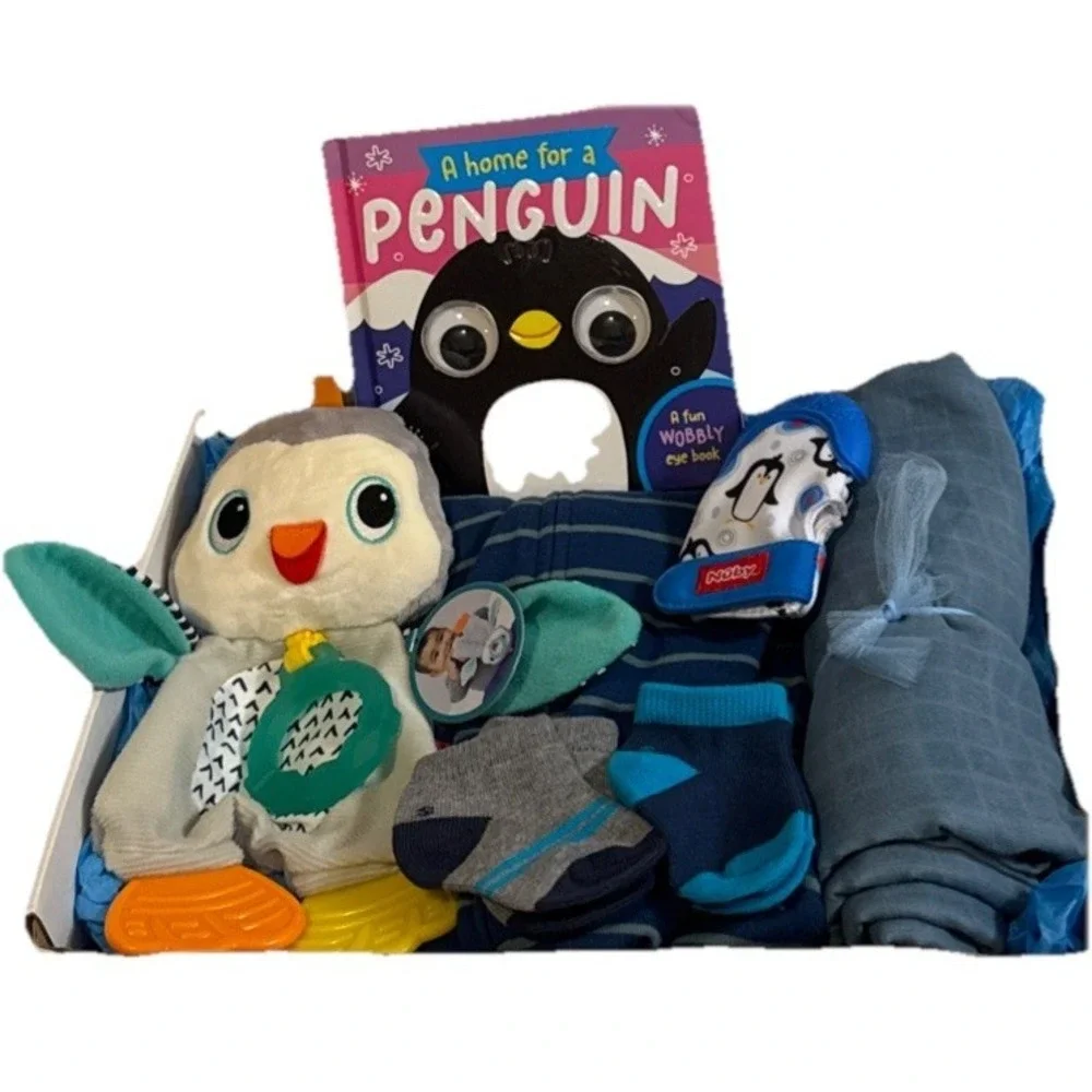 Baby Shower Animals Themed Gift Box, Penguin Book, Lovey Toy, Blanket & Clothes